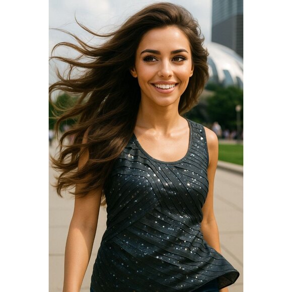 Ann Taylor Large Dark Green Sleeveless Tank Top Iridescent Sequin Ribbed Design - Picture 3 of 13